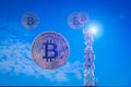 CloseupÃ¢â¬â¹ BitcoinÃ¢â¬â¹ onÃ¢â¬â¹ communicationÃ¢â¬â¹ radioÃ¢â¬â¹ andÃ¢â¬â¹ radarÃ¢â¬â¹ onÃ¢â¬â¹ blueÃ¢â¬â¹ skyÃ¢â¬â¹